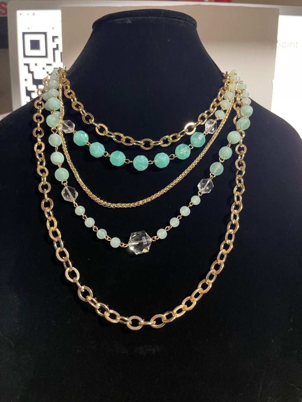 Massini Minty Fresh Necklace & Earrings Set With Gold Color Chain & Aqua Beads